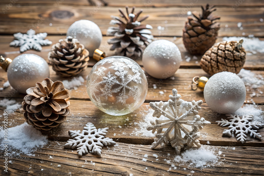 Fototapeta premium Snow-Dusted Christmas Ornaments on Weathered Wooden Table Background.