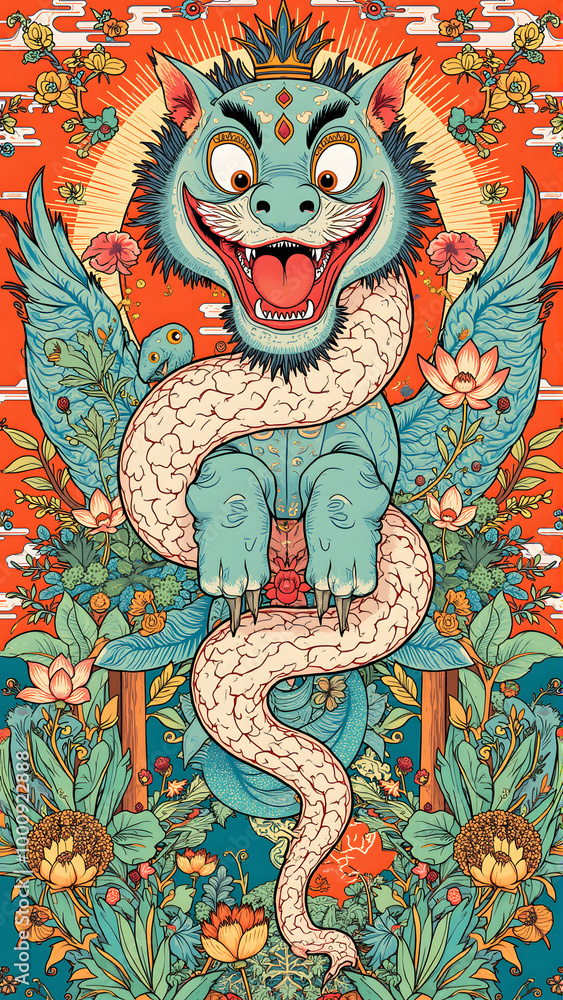 Vibrant mythical dragon illustration surrounded by floral elements and colorful patterns