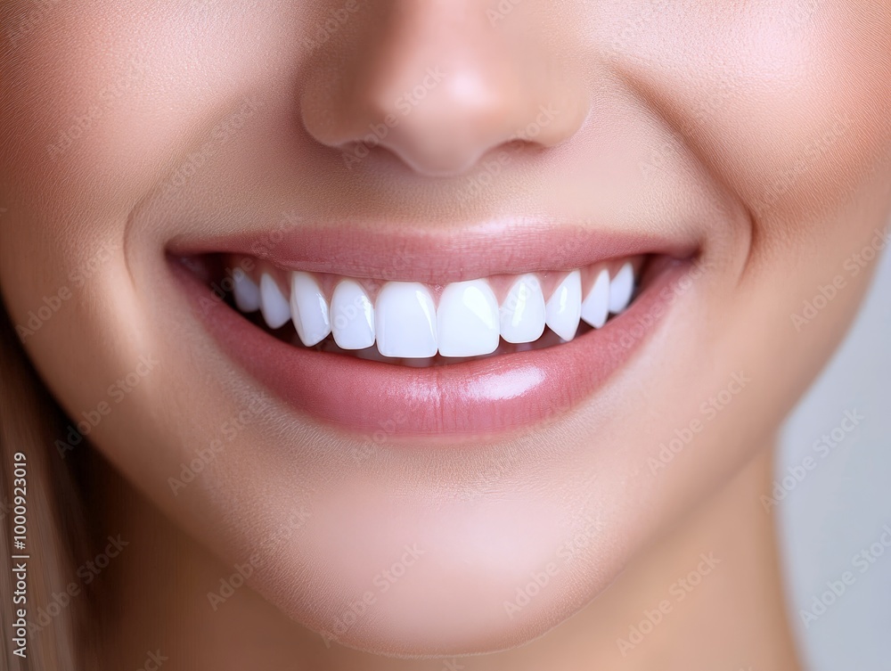 Obraz premium Close-up of a woman's perfect smile, showcasing pearly white teeth, and highlighting the results of a successful smile makeover, ideal for dentistry, orthodontics, cosmetic dentistry