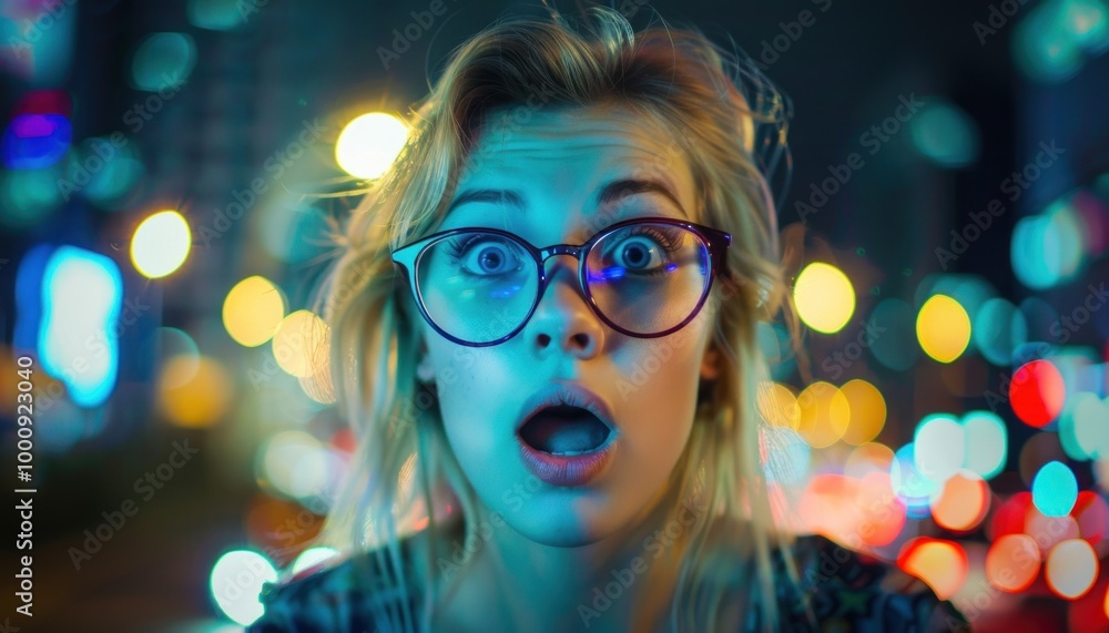 Surprised young woman with colorful bokeh lights Surprised young woman with colorful bokeh lights