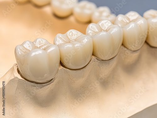 Close-up of Dental Crowns Fitted on a Model Jaw, Illustrating the Process of Prosthodontic Procedure and Dental Bridge Placement photo