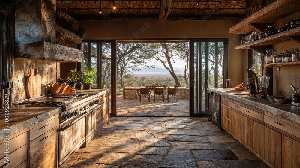A luxurious South African safari lodge kitchen, with natural stone floors, wooden cabinetry, and large windows framing views of the savannah A luxurious South African safari lodge kitchen, with natural stone floors, wooden cabinetry, and large windows framing views of the savannah