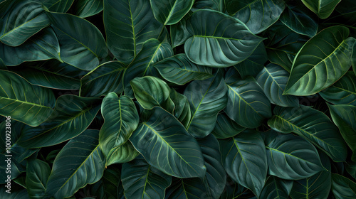 Lush green leaves create vibrant and serene backdrop, showcasing various shades of green and intricate textures. This natural pattern evokes sense of tranquility and connection to nature