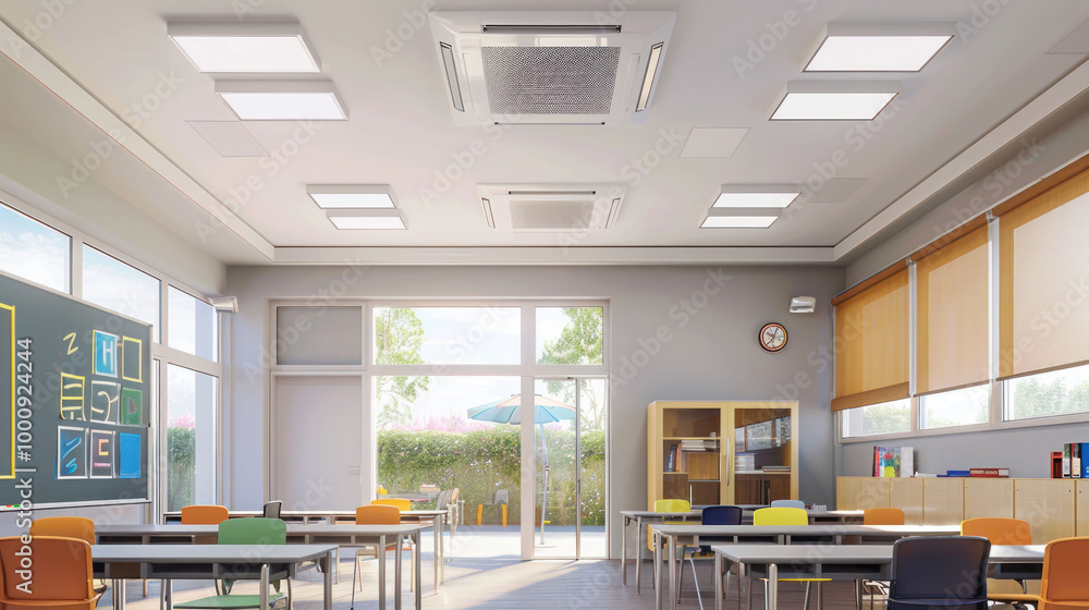 modern classroom featuring bright lighting, colorful chairs, and large windows that provide view of outdoors. space is designed for learning and collaboration modern classroom featuring bright lighting, colorful chairs, and large windows that provide view of outdoors. space is designed for learning and collaboration