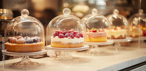 Wallpaper Mural A selection of vibrant desserts elegantly displayed under glass domes in a cozy café setting, showcasing colorful fruits, cream layers, and luxurious details.
 Torontodigital.ca