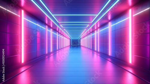 A futuristic, brightly lit corridor with pink and blue neon lights.