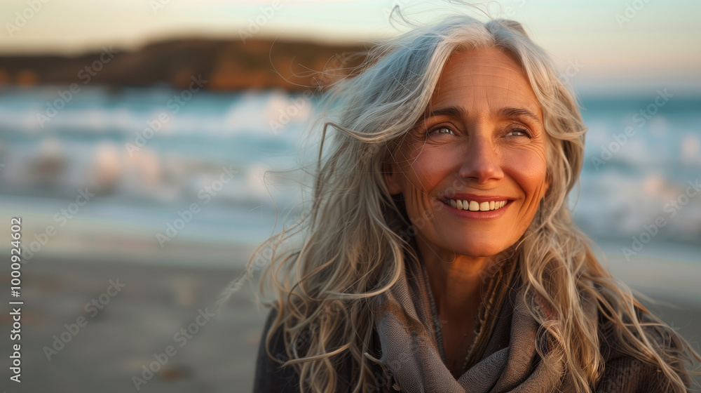 A middle-aged woman laughing and smiling on the beach A middle-aged woman laughing and smiling on the beach