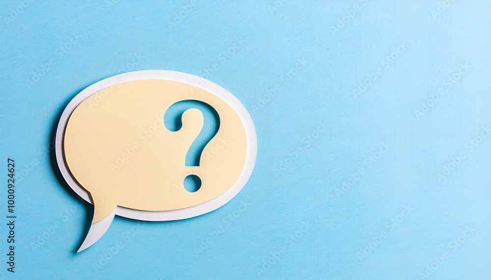Paper speech bubble with question mark on light blue background, top view. Space for text Paper speech bubble with question mark on light blue background, top view. Space for text
