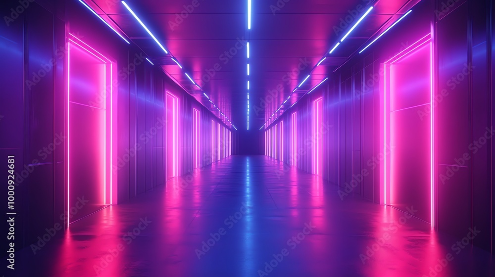 A futuristic, brightly lit corridor with pink and blue neon lights. A futuristic, brightly lit corridor with pink and blue neon lights.