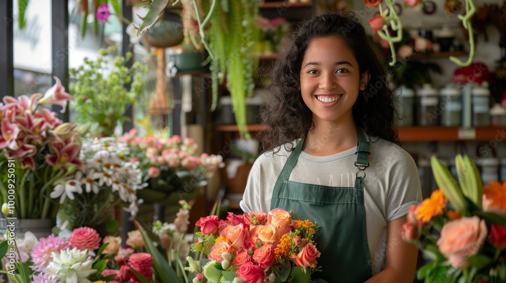 Portrait of smiling female florist standing in flower shop, looking at camera and smiling with big smile Portrait of smiling female florist standing in flower shop, looking at camera and smiling with big smile