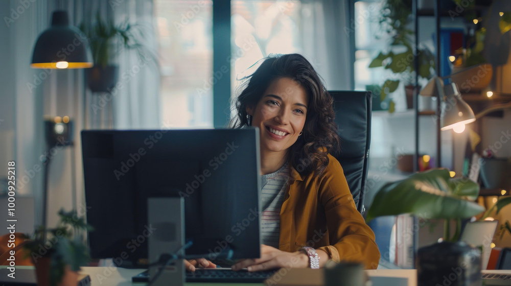 woman is smiling while sitting at her desk in cozy office environment, surrounded by plants and warm lighting. Her cheerful demeanor adds positive vibe to workspace woman is smiling while sitting at her desk in cozy office environment, surrounded by plants and warm lighting. Her cheerful demeanor adds positive vibe to workspace