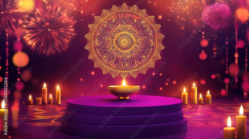 Banner design for diwali festival and podium,Diwali light decoration candle with fireworks,Stage,Product display Showcase design sparkle background,Deepavali,Dipavali,3D podium illustration. Banner design for diwali festival and podium,Diwali light decoration candle with fireworks,Stage,Product display Showcase design sparkle background,Deepavali,Dipavali,3D podium illustration.