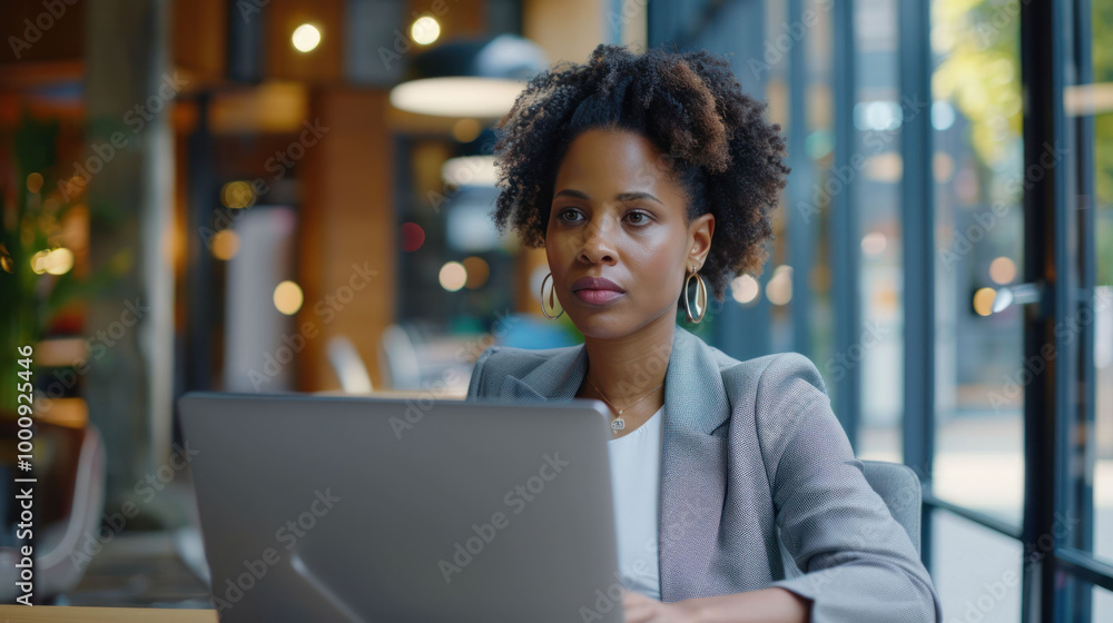 Focused woman working on laptop in modern office environment, showcasing determination and professionalism. bright, airy space enhances her concentration and productivity Focused woman working on laptop in modern office environment, showcasing determination and professionalism. bright, airy space enhances her concentration and productivity