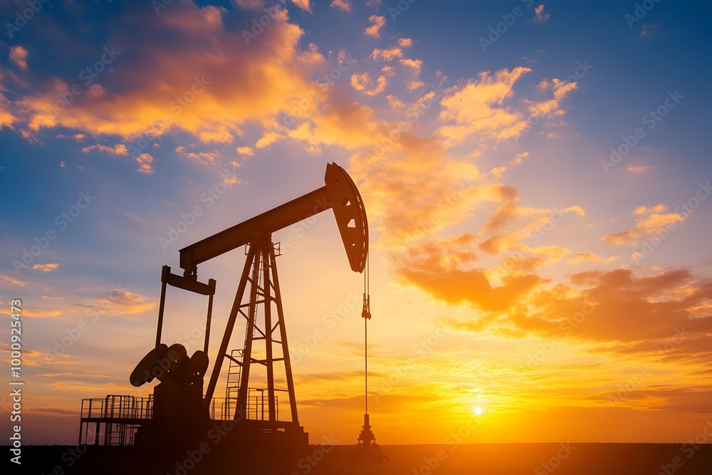 Close-up view of traditional oil derrick equipment silhouetted against a dramatic orange and red sunset sky in a rural,countryside landscape. Showcasing the energy production and fossil fuel industry. Close-up view of traditional oil derrick equipment silhouetted against a dramatic orange and red sunset sky in a rural,countryside landscape. Showcasing the energy production and fossil fuel industry.