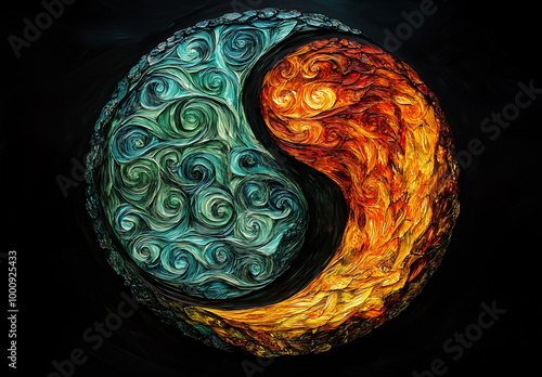 Artistic depictions of fiery and icy Yin-Yang symbols combining elemental forces of fire and water, showcasing balance and harmony in vivid, dynamic visuals.

