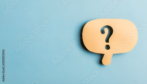 Paper speech bubble with question mark on light blue background, top view. Space for text