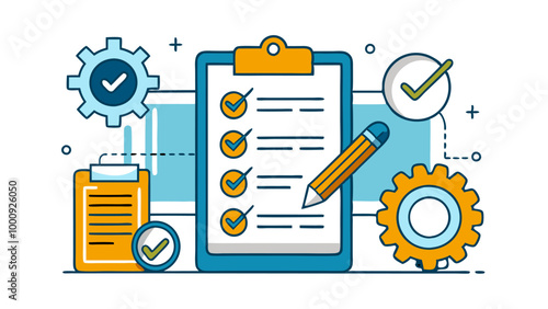 Clipboard icon. Checklist with gear, checkmarks, magnifier and pencil. Quality check line sign. Check List flat line icon. Form icon. Clipboard with gear technical support check list