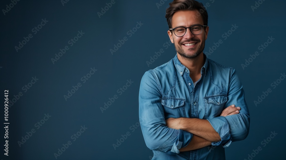 Fototapeta premium portrait of a handsome smiling man in a blue shirt and glasses with his arms crossed on a dark blue background