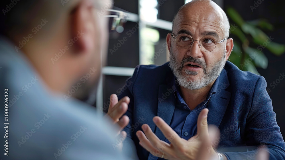 Fototapeta premium image captures man in blue suit engaged in serious conversation, expressing his thoughts with hand gestures. setting appears to be modern office, emphasizing professional atmosphere