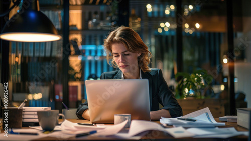 focused woman works late at her desk, surrounded by papers and warm lamp glow, embodying dedication and productivity in modern office setting