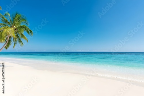 Serene,idyllic tropical beach scene with white sand,clear turquoise ocean waters,and gentle swaying palm trees under a vibrant blue sky - a peaceful,tranquil paradise for relaxation and escape.