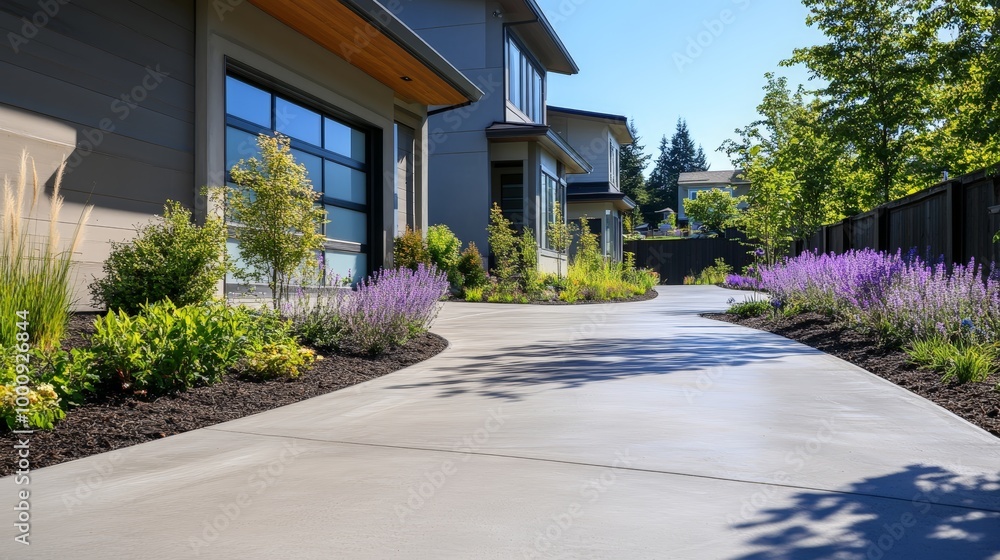 Curved Concrete Driveway Leading to Modern Homes with Lush Landscaping and Expert Construction Details Curved Concrete Driveway Leading to Modern Homes with Lush Landscaping and Expert Construction Details
