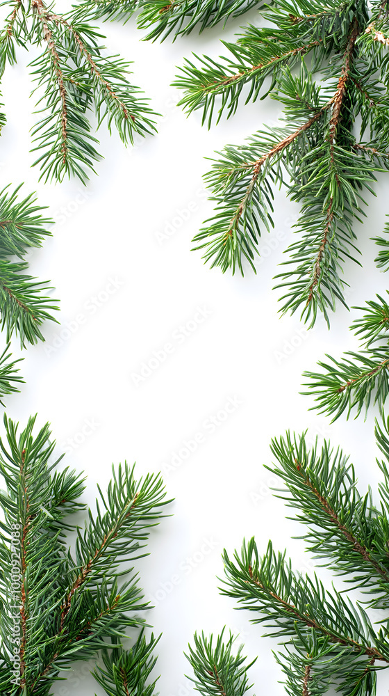 Decorative border frame with evergreen pine branches isolated on white background with copy space for text Decorative border frame with evergreen pine branches isolated on white background with copy space for text