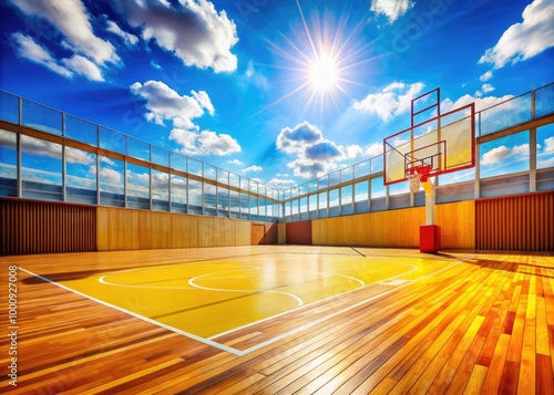 A bright, empty basketball court with a polished wooden floor, vibrant orange and yellow accents, and a clear blue sky visible through the open roof. photo