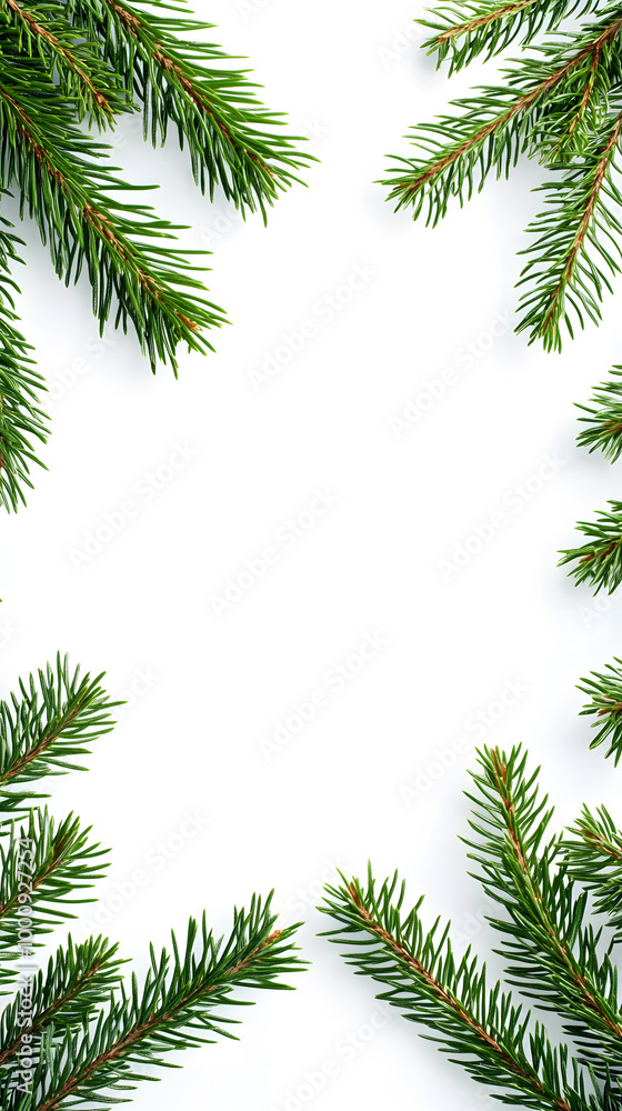 Decorative border frame with evergreen pine branches isolated on white background with copy space for text Decorative border frame with evergreen pine branches isolated on white background with copy space for text
