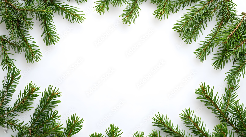 Naklejka premium Decorative border frame with evergreen pine branches isolated on white background with copy space for text