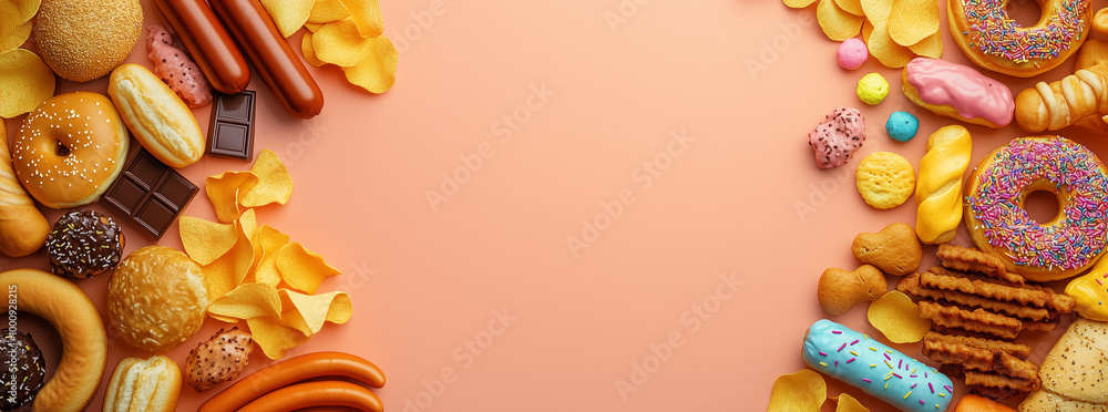 A vibrant red background showcasing fast food items like burgers, fries, hot dogs, donuts, and chocolates arranged creatively, ideal for junk food or culinary themes. A vibrant red background showcasing fast food items like burgers, fries, hot dogs, donuts, and chocolates arranged creatively, ideal for junk food or culinary themes.