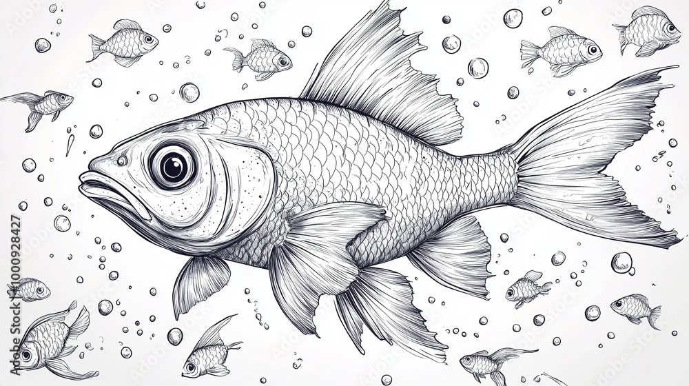Fototapeta premium Stylized cartoon fish among small fish on a white background. Sketch for coloring. 
