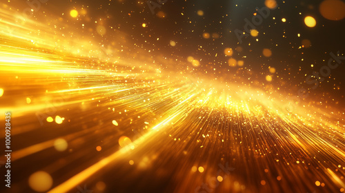 Futuristic abstract background in yellow tones. Bright neon rays and glowing lines. Bokeh effect. AI generative
