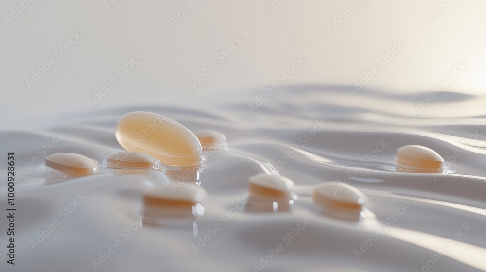 Close-up of a single lotion packaging on a gently flowing water surface with vitamin pills, creating a refreshing aesthetic on a clean white background. Close-up of a single lotion packaging on a gently flowing water surface with vitamin pills, creating a refreshing aesthetic on a clean white background.