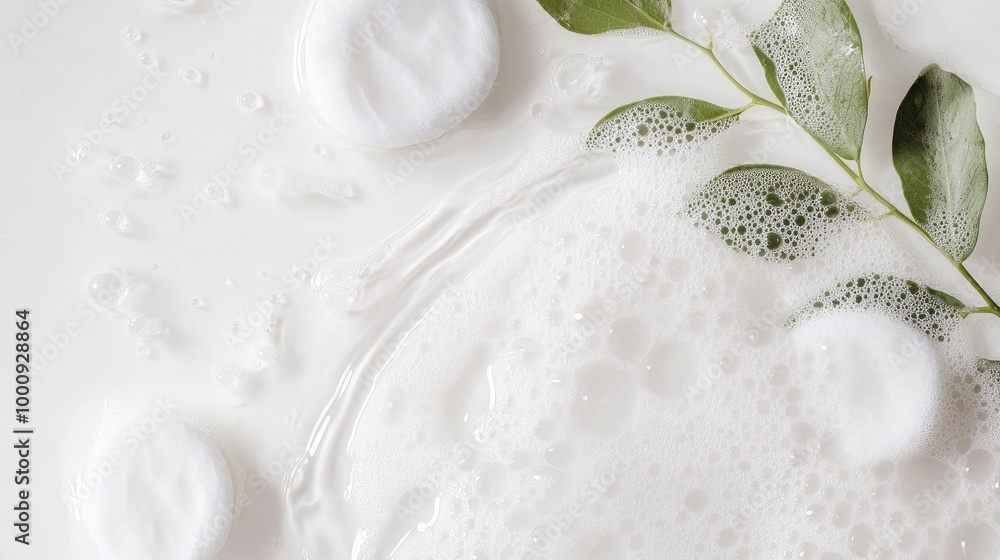 Close-up of cleansing product packaging with cotton pads and delicate water mist, creating a refreshing feel on a bright white background. Close-up of cleansing product packaging with cotton pads and delicate water mist, creating a refreshing feel on a bright white background.