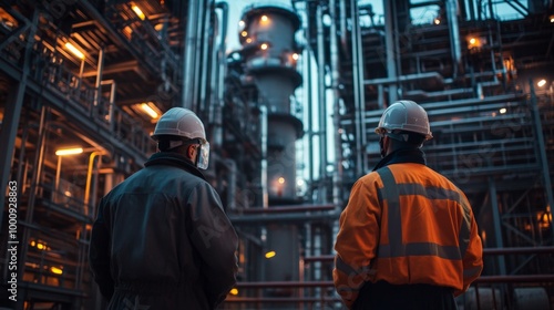 Two Cement Factory Workers Wearing Safety Gear Stand Back to Back in Front of an Industrial Structure.