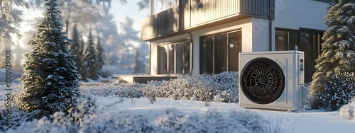 The air source heat pump is placed in front of the house, in a winter scene
