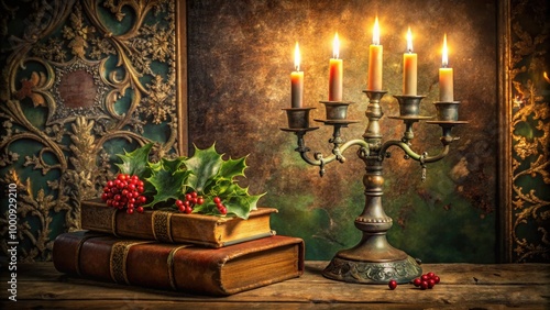 A dimly lit, ornate, and eerie Victorian-era inspired background with a worn, leather-bound book, candelabra, and festive holly, evoking a sense of nostalgic austerity. photo