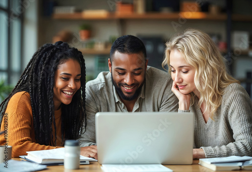 Group of young diverse business people smiling and sitting in office, brainstorming, multicultural team at work, 