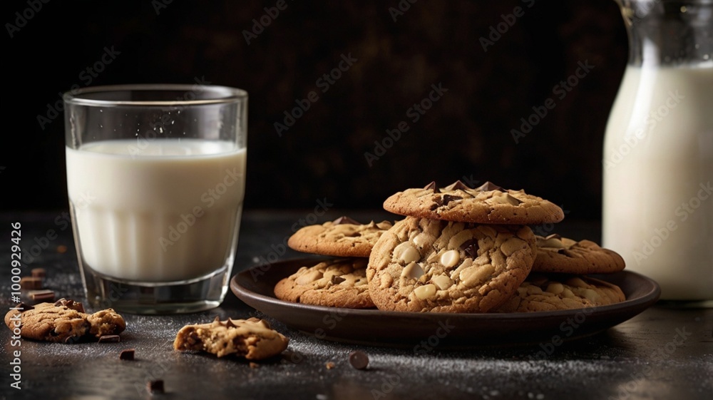 Milk in a glass with cookies on a dark background Milk in a glass with cookies on a dark background