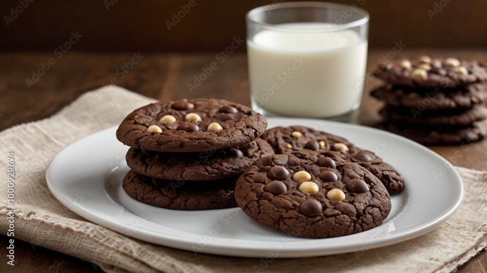 Soft cookies double chocholate with chocolate chip, glass of milk, cooling rack, rattan tray, white plate and white background. Minimalist and aesthetic food photography. Soft cookies double chocholate with chocolate chip, glass of milk, cooling rack, rattan tray, white plate and white background. Minimalist and aesthetic food photography.
