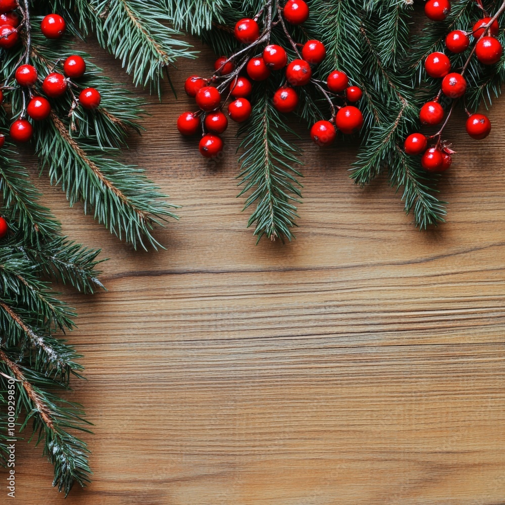 Festive evergreen pine and red berries on wooden background for holiday decor Festive evergreen pine and red berries on wooden background for holiday decor