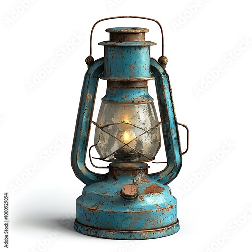 A vintage blue lantern with a warm light, beautifully isolated against a white background.