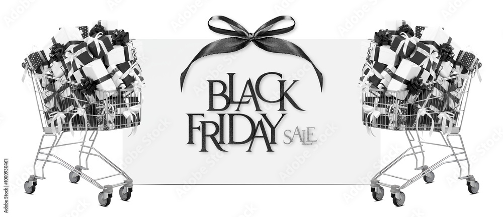 Fototapeta premium Black Friday Shopping trolley filled with black and white gift boxes adorned with ribbons, isolated with poster with text. Banner for sales promotion, online shopping, or special offer