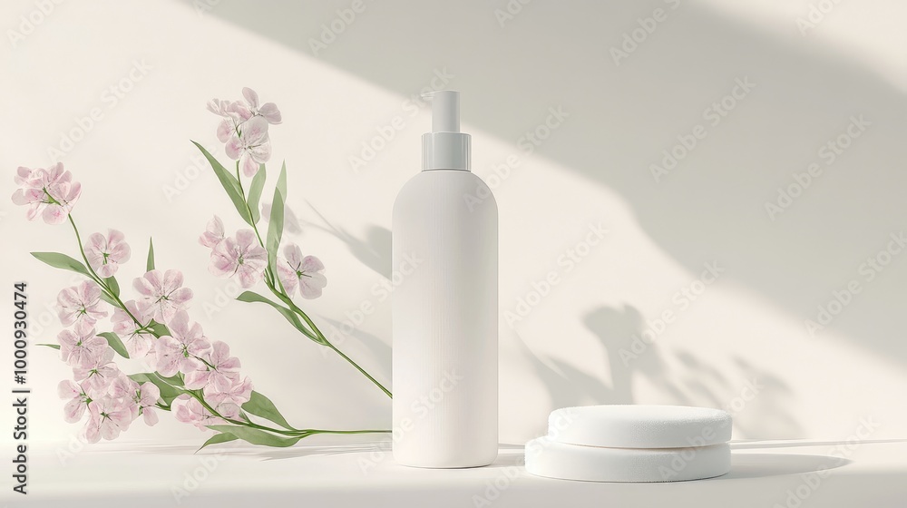 Illustration of a refreshing cleansing product bottle with cotton pads and mist, set on a clean white background for a fresh, minimalist look. Illustration of a refreshing cleansing product bottle with cotton pads and mist, set on a clean white background for a fresh, minimalist look.