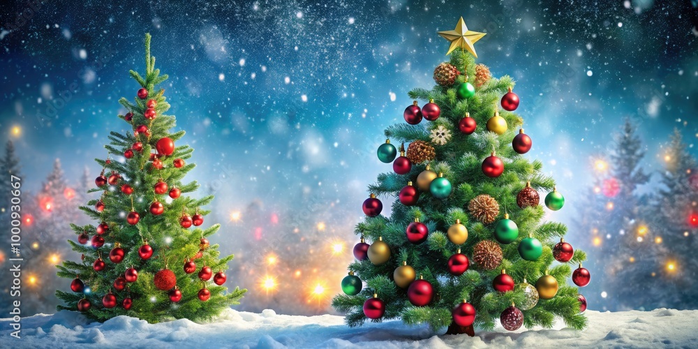 A festive winter wonderland scene with snowflakes gently falling on a vibrant red and green decorated Christmas tree surrounded by sparkling ornaments and twinkling lights. A festive winter wonderland scene with snowflakes gently falling on a vibrant red and green decorated Christmas tree surrounded by sparkling ornaments and twinkling lights.
