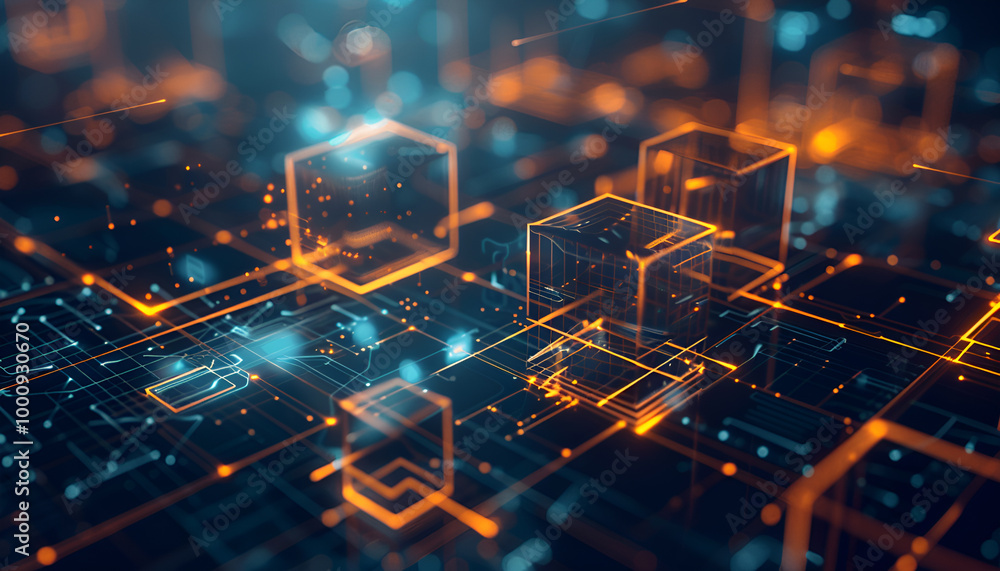Fototapeta premium Futuristic structure with lines and cubes and geometrics shapes.3d illustration.Technology and science background