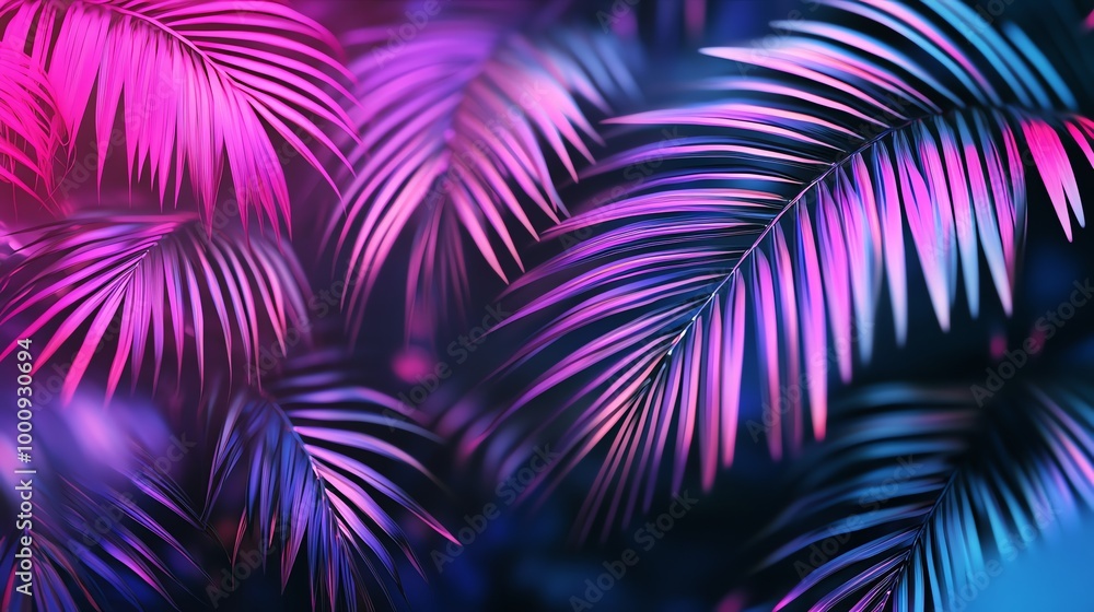 Palm leaves in blue and pink neon lighting. Palm leaves in blue and pink neon lighting.