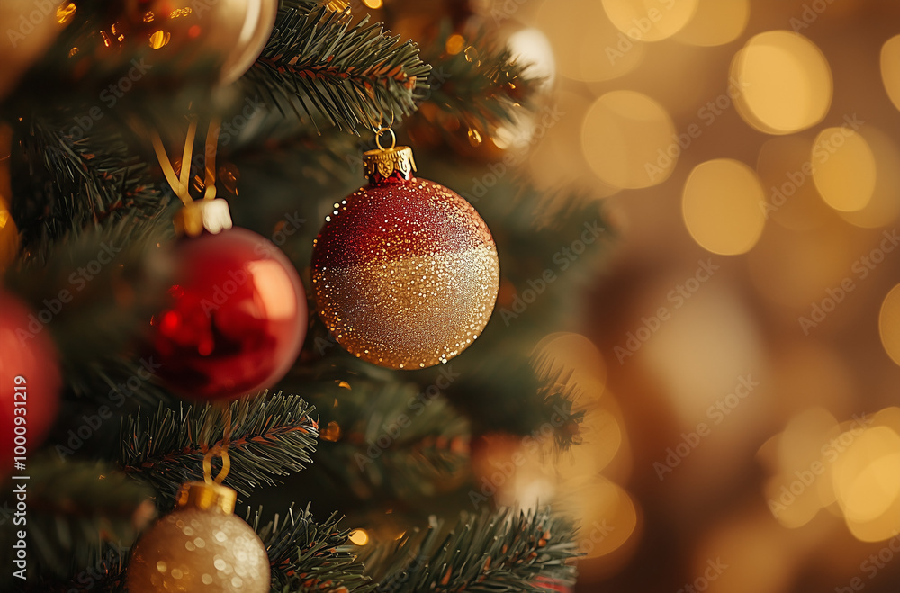 A series of close-up images of Christmas tree branches adorned with red, gold, and sparkling ornaments, surrounded by festive warm lights, creating a cozy and cheerful holiday ambiance.
A series of close-up images of Christmas tree branches adorned with red, gold, and sparkling ornaments, surrounded by festive warm lights, creating a cozy and cheerful holiday ambiance.