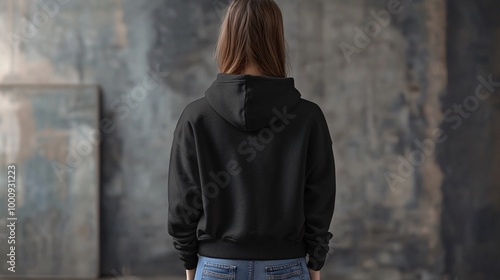 Black pullover hoodie (on back) mockup for women